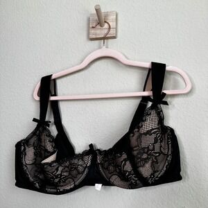 Cacique Black Floral Lace Underwire Bra 42DDD Wide Straps Bows Dark Romance
